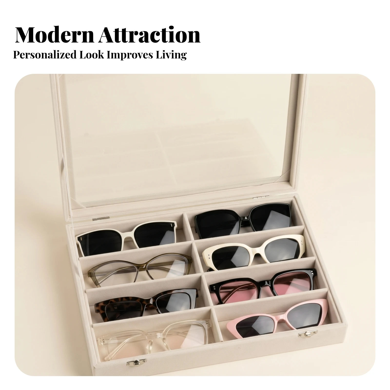 8 Slot Eyeglasses Box Gift Idea Glass Lid Glasses Box Velvet Lined Eyeglasses Case Dustproof 8 Slot Organizer Moisture Resistant