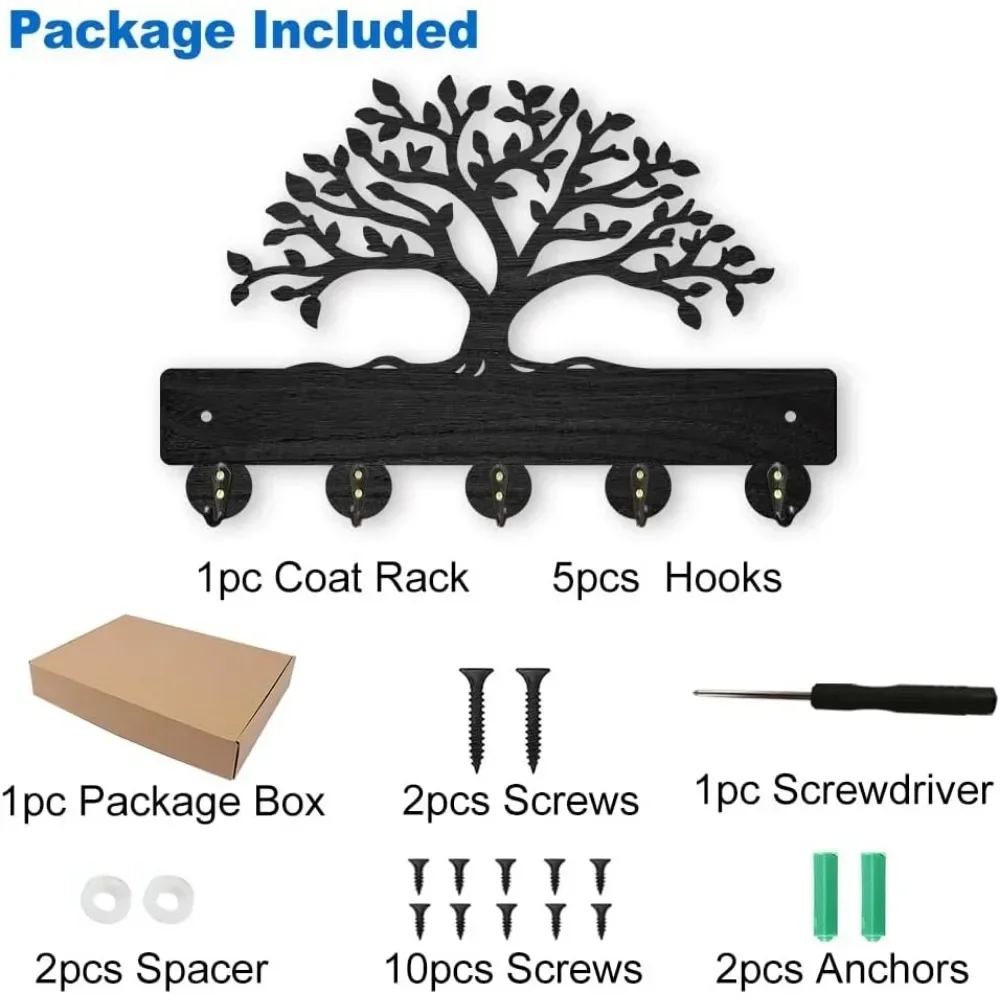 Tree of Life Coat Rack Wall Mount 11.8×7.9inch Lush Tree Key Holder for Wall Decorative Wood Black Key Rack Hanger 5 Alloy image 3
