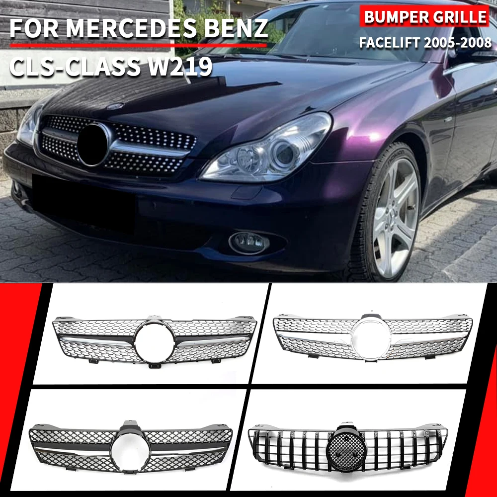 Glossy Black GTR Style Grille For Mercedes Benz CLS-Class W219 2005-2008 CLS350 CLS550 CLS63 AMG Diamond Style Bumper Grille