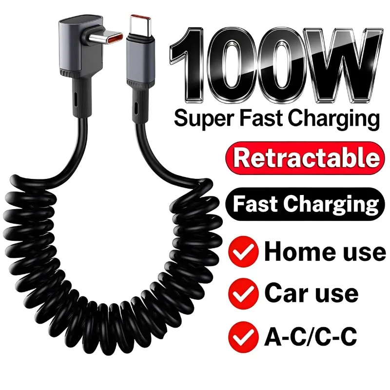 100W Car Spring Cable Short Type C To USB C Cable Fast Charging Phone Data Cable for iPhone 17 16 Xiaomi 66W USB Type C Cables