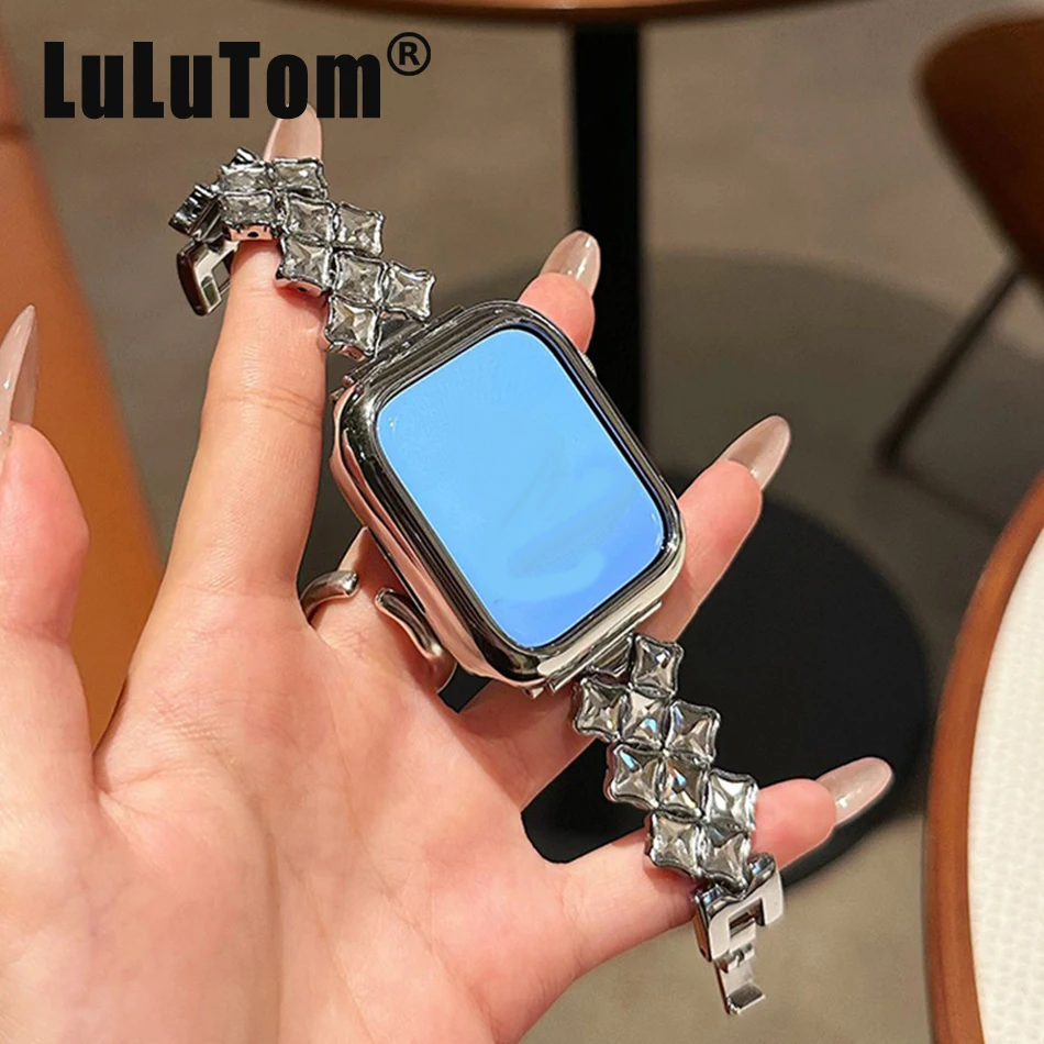 Pulseira de metal para Apple Watch UItra 8 7 de 49 mm, 45 mm, 44 mm, pulseira de relógio de diamante de luxo em forma de losango para iWatch Series 6 5 SE 4 de 42 mm, 40 mm, 38 mm