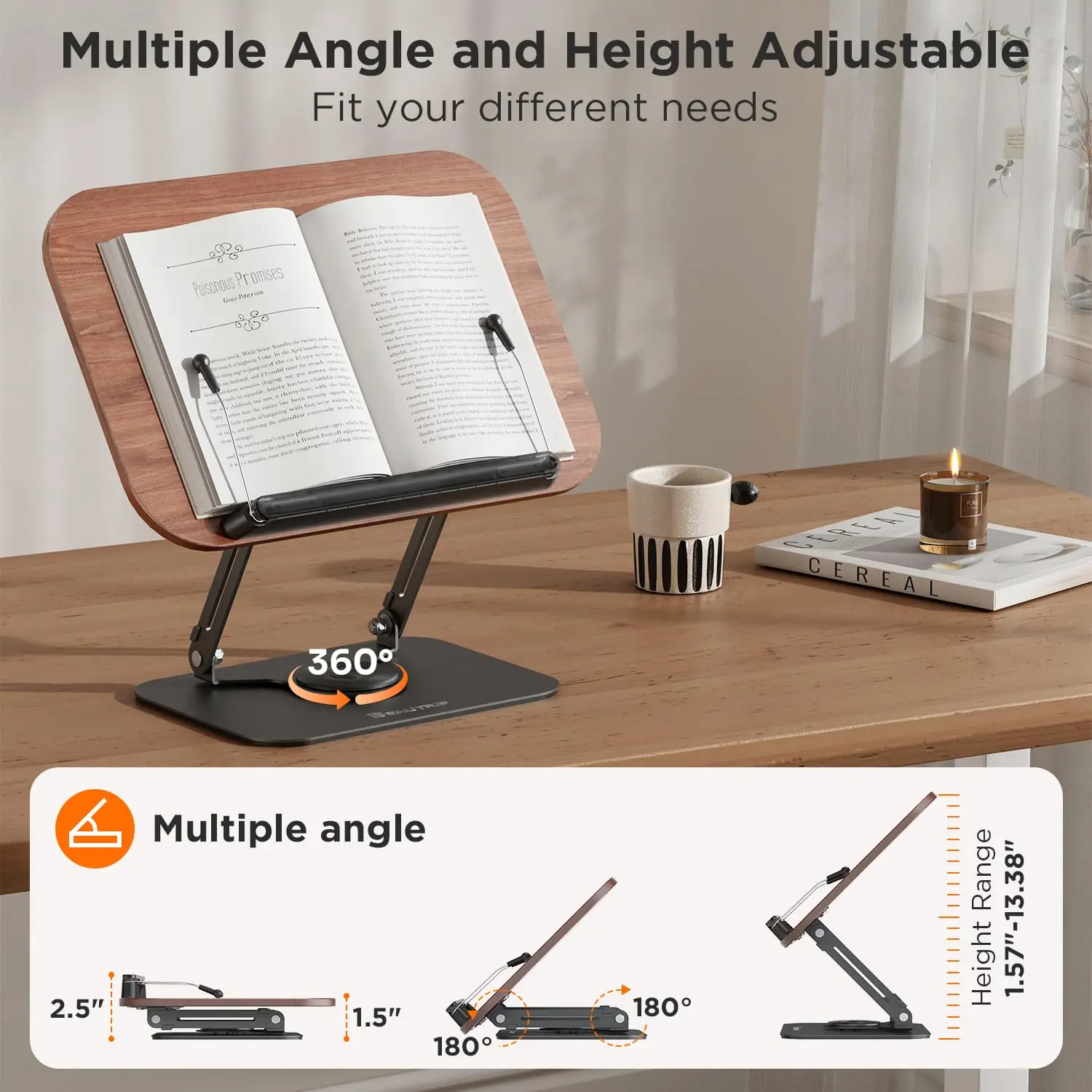 Book Stand for Reading, Adjustable Book Holder, Foldable Book Holder for Desk Hands Free, Display Stand for Office, Kitchen