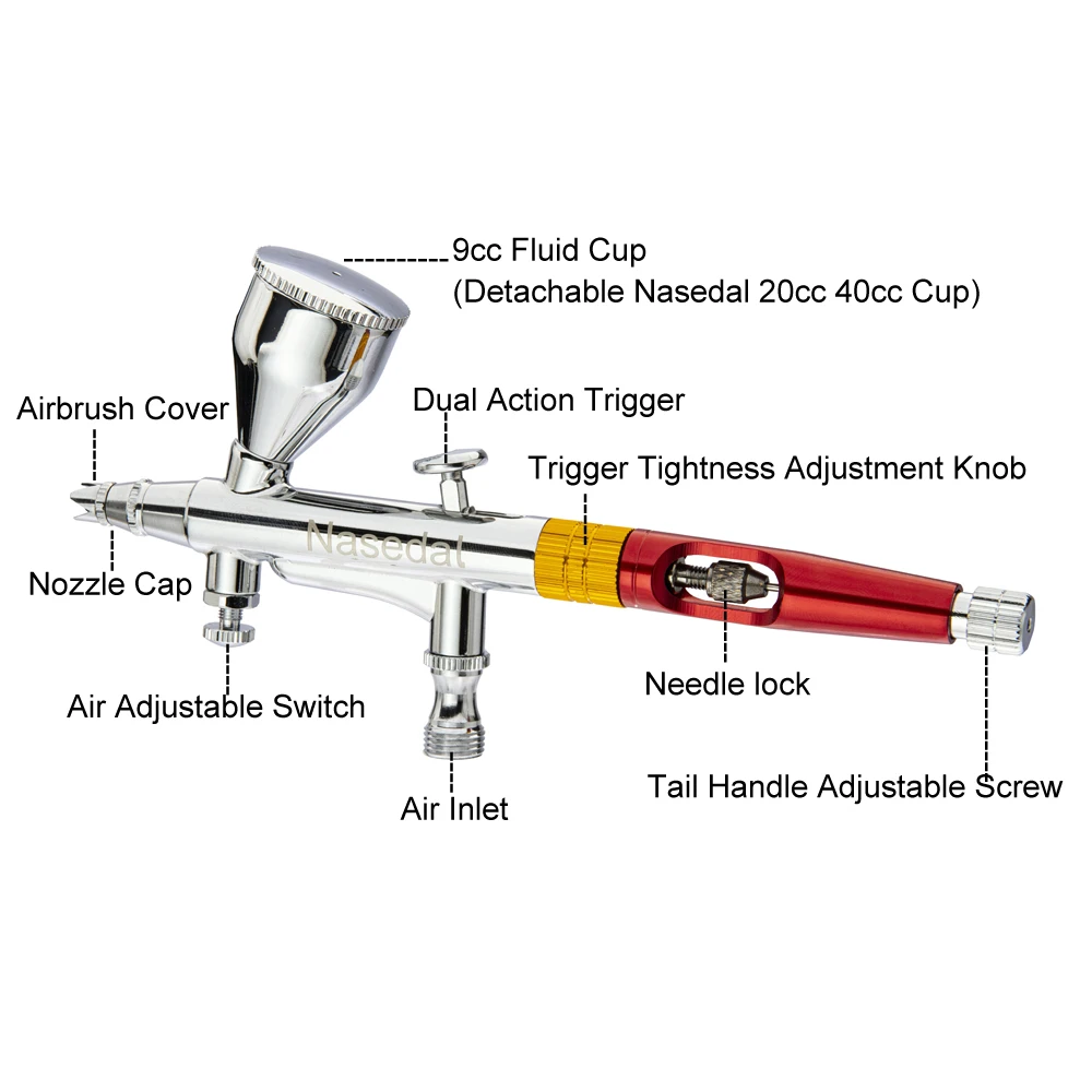Imagem -03 - Nasedal Airbrush Gravidade Dual-ação Pistola 9cc Airbrush Pintura Prego Maquiagem Pintura Tatuagem Arte Faça Você Mesmo Ferramenta 0.2 mm 0.3 mm 0.5 mm