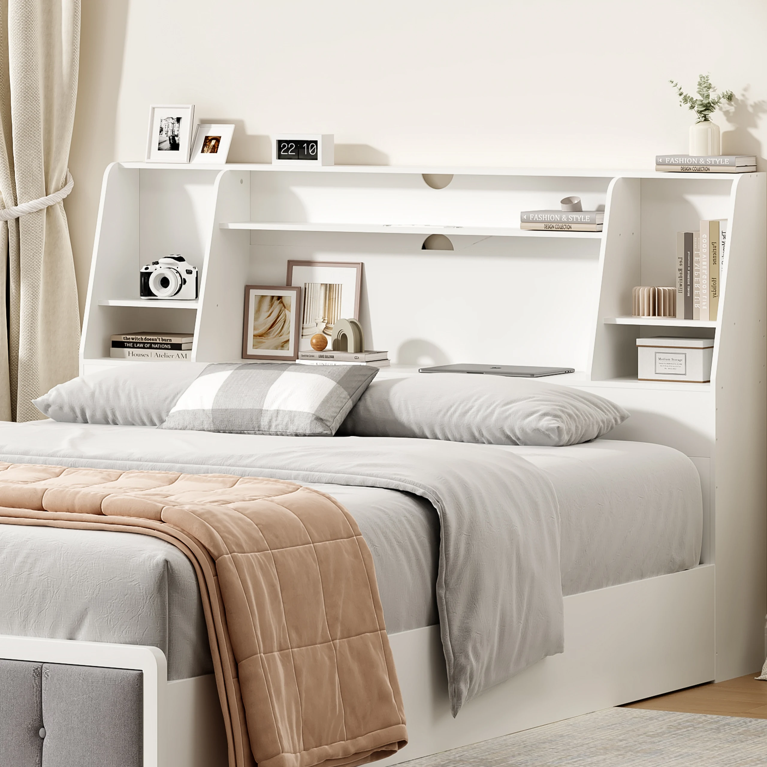Bookcase Wood Shelf - Bookcase Headboard with LED Lights &