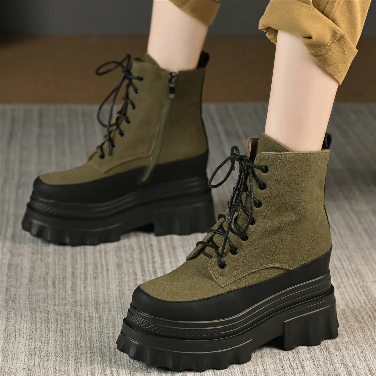 Platform Pumps Shoes Women Lace Up Genuine Leather Super High Heels Ankle Boots Female Round Toe Fashion Sneakers Casual Shoes