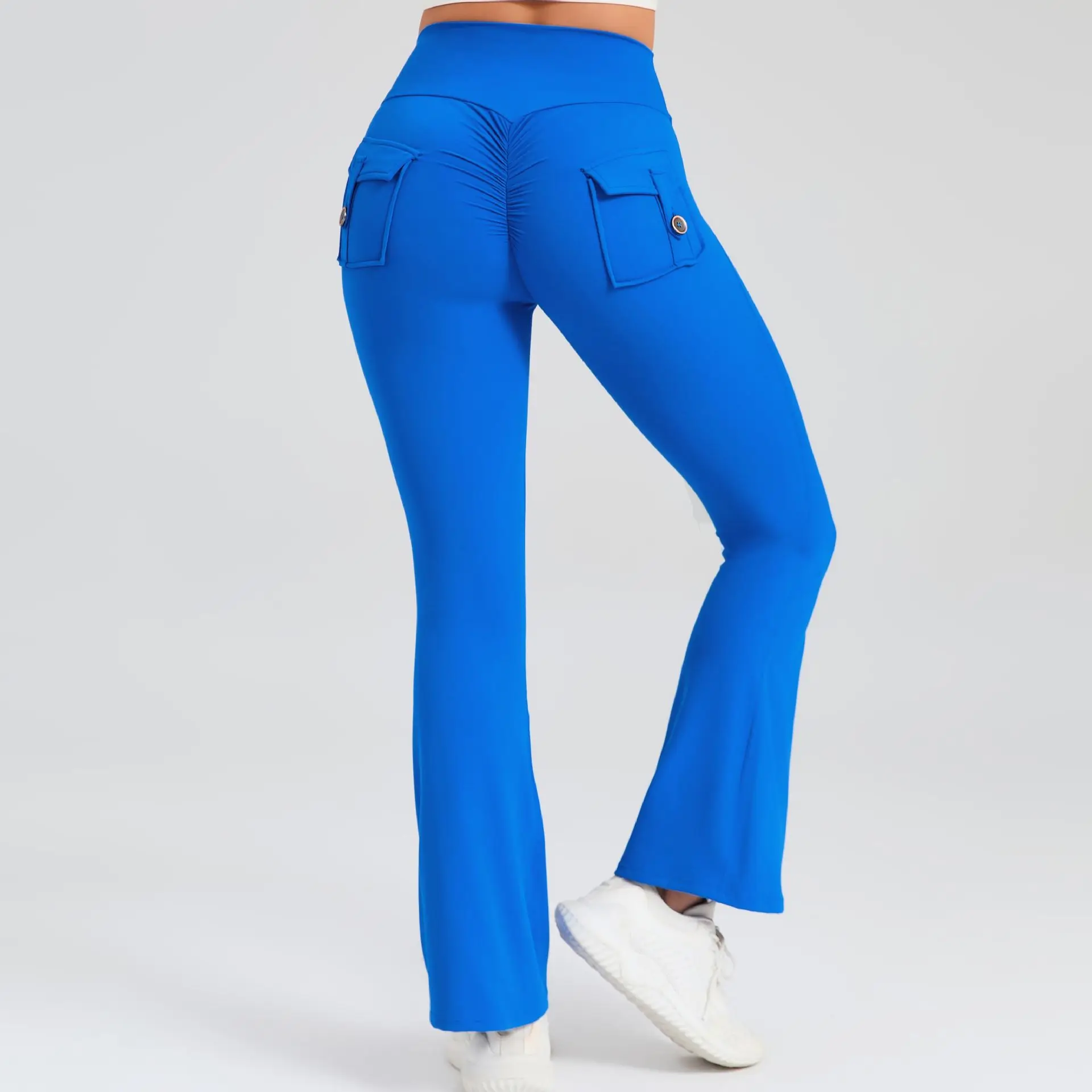 Mallas deportivas informales para mujer, pantalones Cargo de cintura alta con bolsillo, pantalones de gimnasio, Leggings Acampanados para Fitness