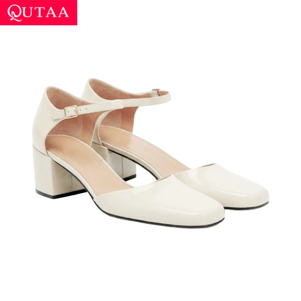 Women's Leather Square-Toe High Heel Pumps with Buckle Strap