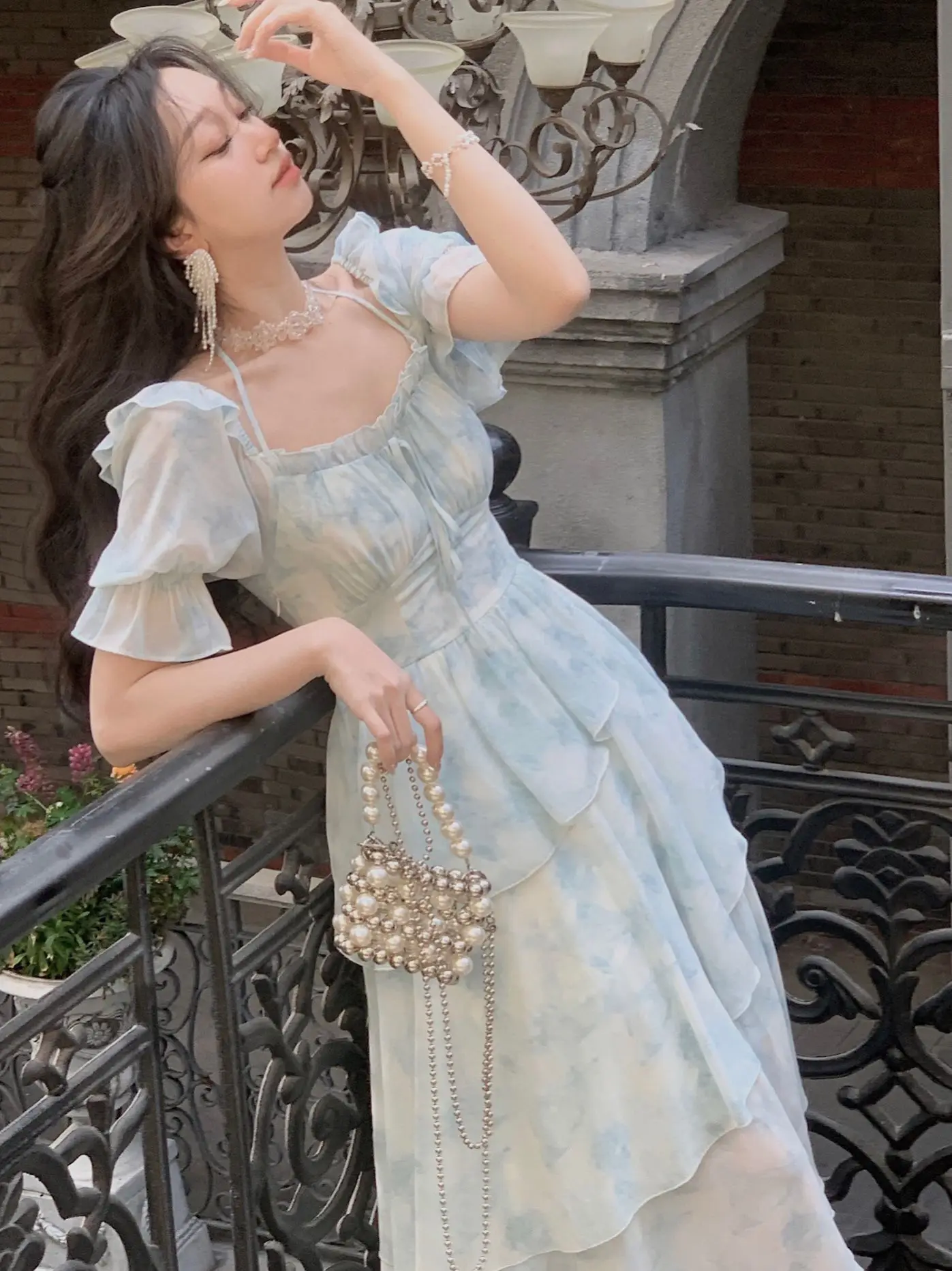 French Chiffon Print Midi Dress for Women 2023 New Summer Elegent Party Blue Floral Vestidos Holiday Vintage Female Clothes