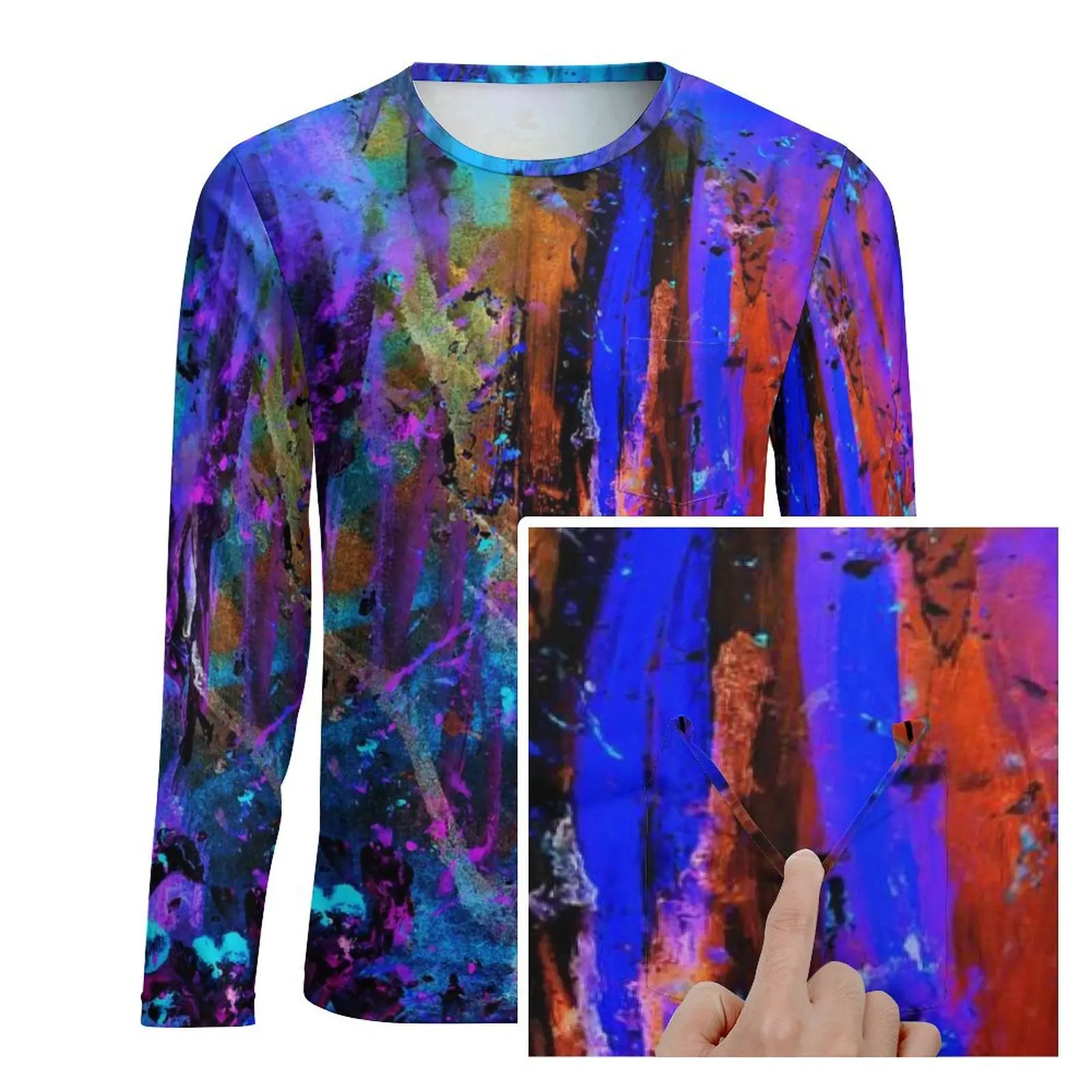 Rainbow Splatter Art T-Shirt With Pocket Colorful Splashes Hippie T Shirts Male Casual Tee Shirt Long Sleeve Custom Top Tees