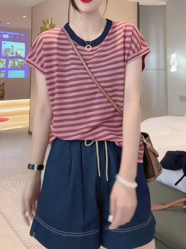 Summer New Red Stripes Loose Short Sleeve T-Shirt Thin Top Women's Fashion Slimming Effect Korean Style Casual round Neck