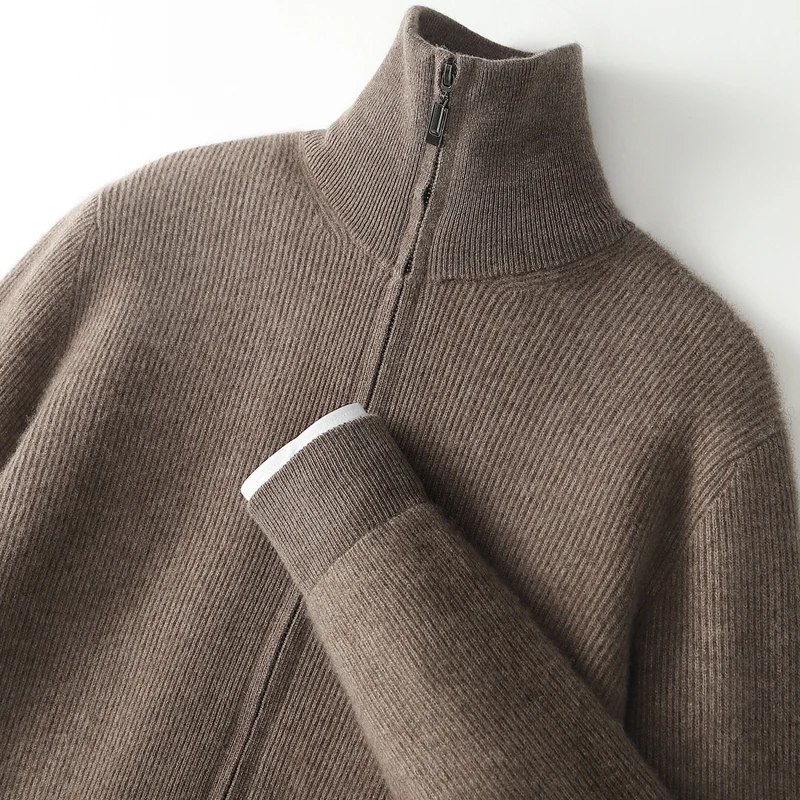 100% Pure Wool Cardigan Men's Semi-High Collar Business Padded Zipper Leisure Knitted Sweater Coat