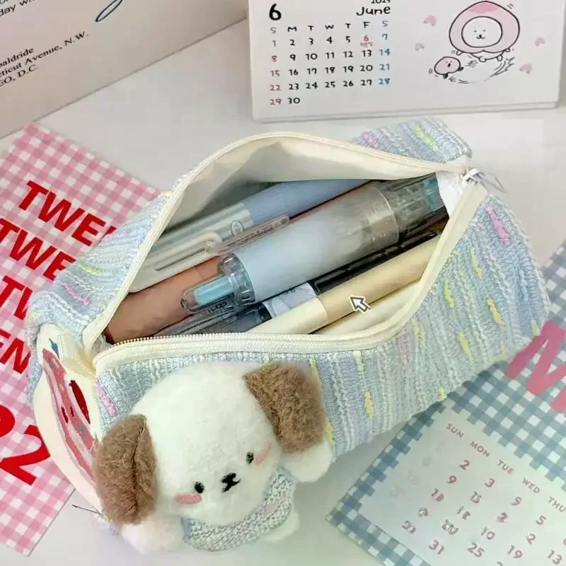 1Pcs Cute Strawberry Cake Puppy Pen Bag Large Capacity Portable Cartoon Pencil Case Zipper Design Student Storage Stationery Bag
