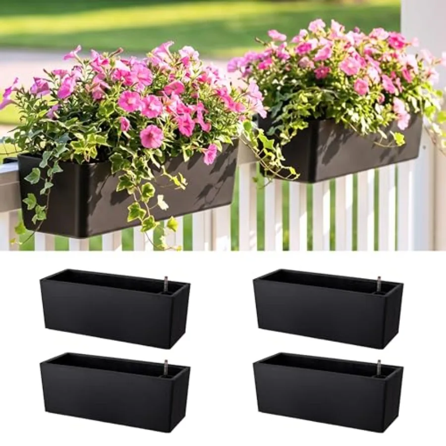

LaLaGreen Deck Railing Planter Boxes 14 Inch, 4 Pack Self-Watering Window Box Planters with Brackets, Rectangular Hanging Flowe