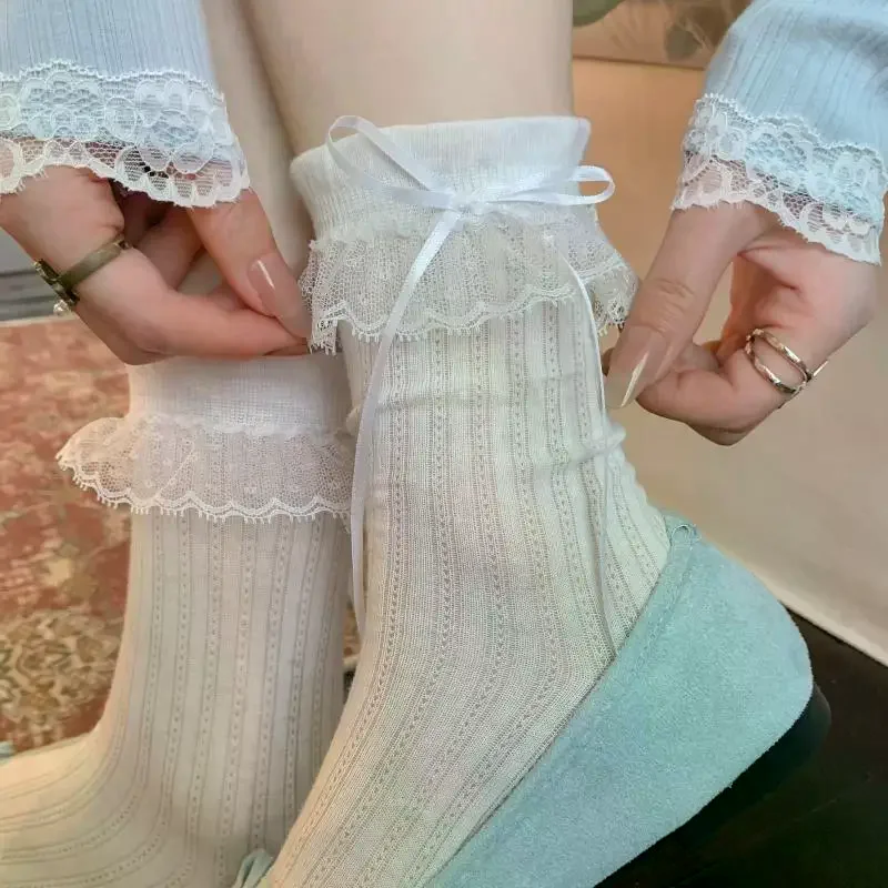 Sweet Bow Lace Socks For Women Summer Thin Breathable Sweat-absorbing Mid-calf Socks Ballet Style Socks