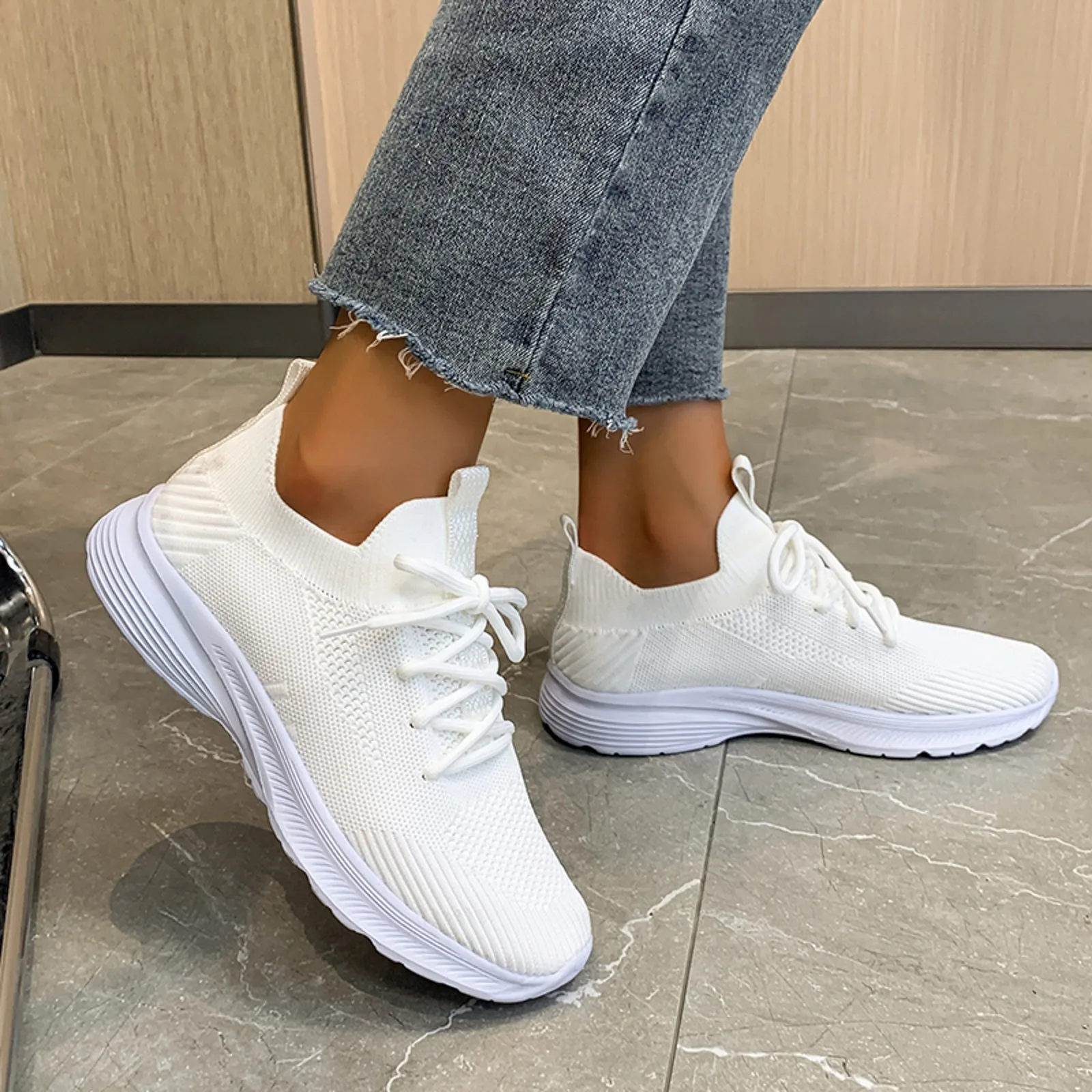 Plus Size Orange Knit Flat Shoes Women 2023 Lace Up Breathable Mesh Sneakers Woman Casual Soft Sole Sport Running Tennis Sneaker