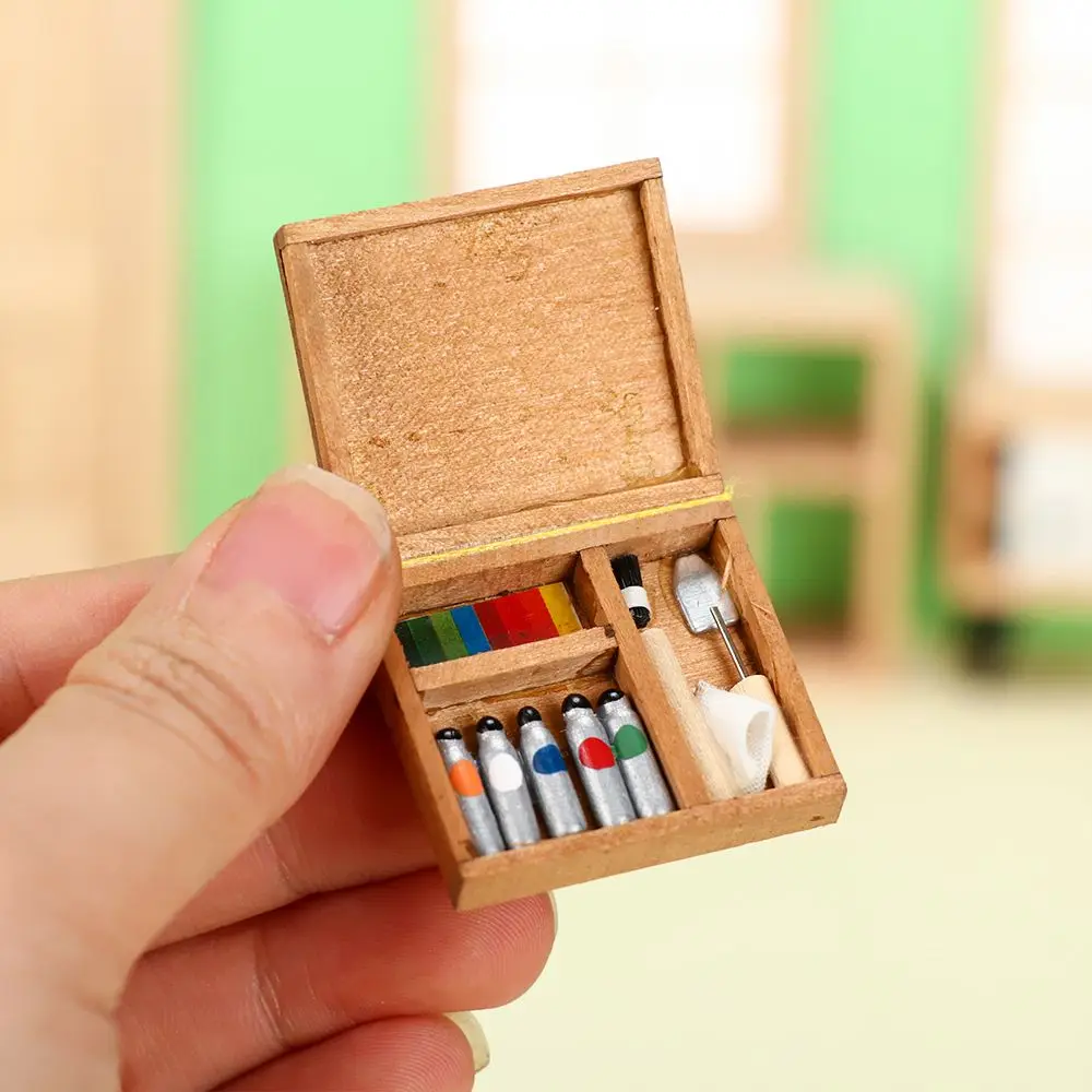 1:12 Dollhouse Miniatures Wooden Miniature Easel Mini Artist Paint Pen Drawing Board Model Set Dolls DIY Dollhouse Decoration