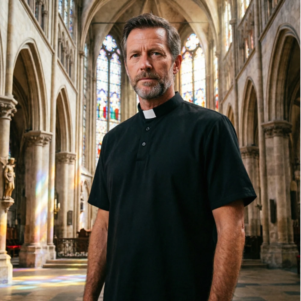 Men's Clergy Shirt Retro Roman Tab Collar Church Costume Short Sleeve Pastor Minister Preacher Uniform