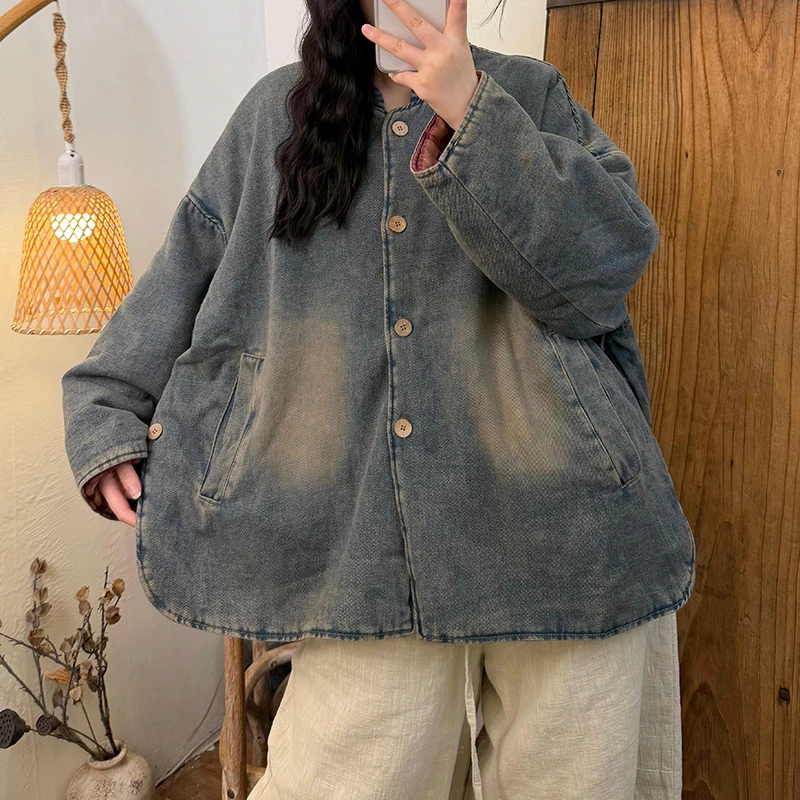 

Новое поступление, зимние женские однобортные винтажные парки в стиле искусства с длинными рукавами, повседневные теплые утепленные хлопковые джинсовые пальто H129