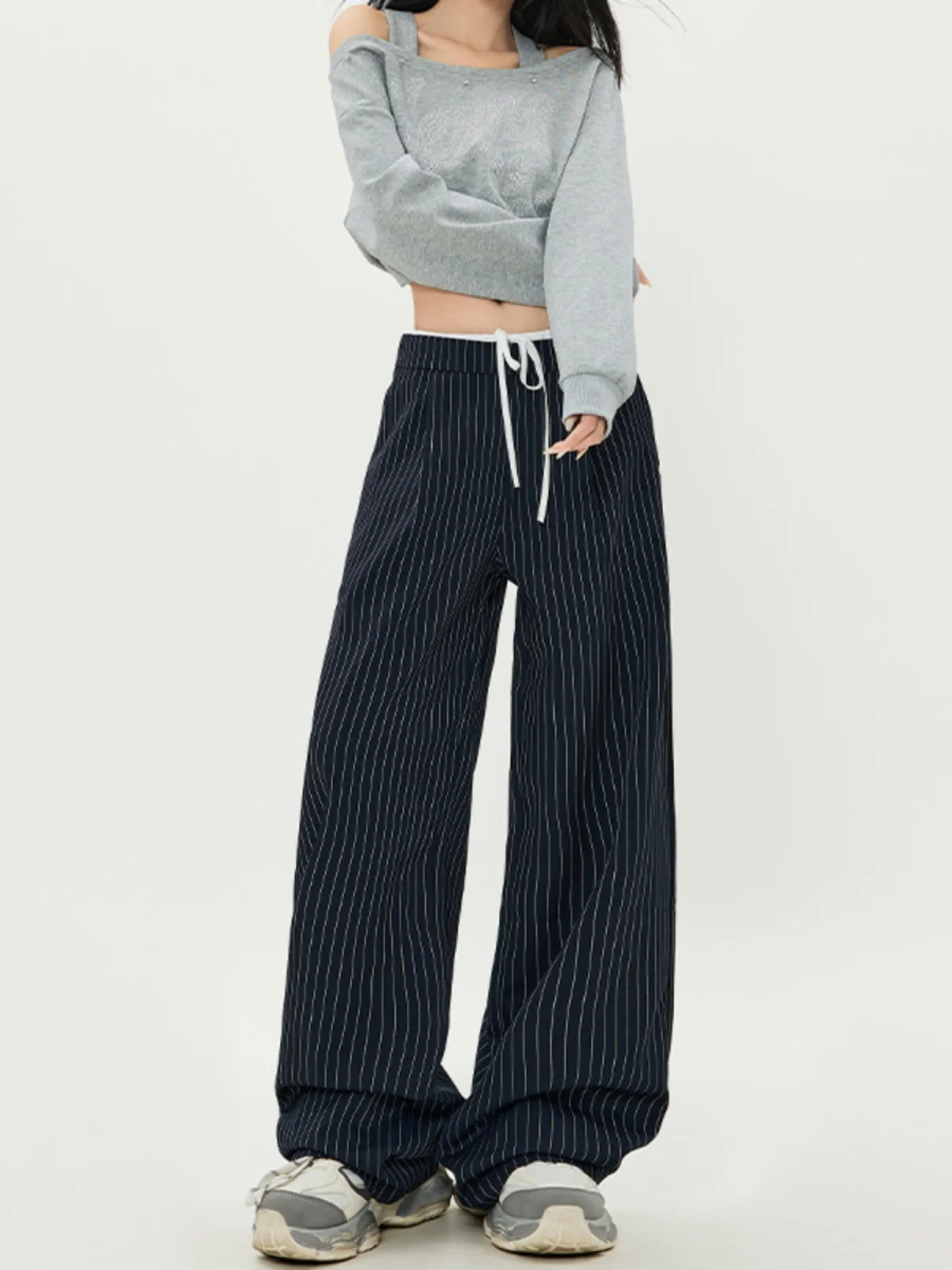 

Women's High Waist Dstring Drapey American Retro Striped Loose Fit Pants Spring Summer 2024 Straight Leg Casual Trousers