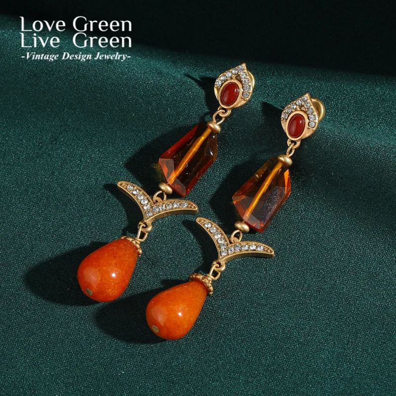 خمر البرتقال الزجاج إسقاط أقراط دمعة ليف حجر الراين الحجر الطبيعي طويل معلق للمرأة اكسسوارات بوهيميا حفلة 2025