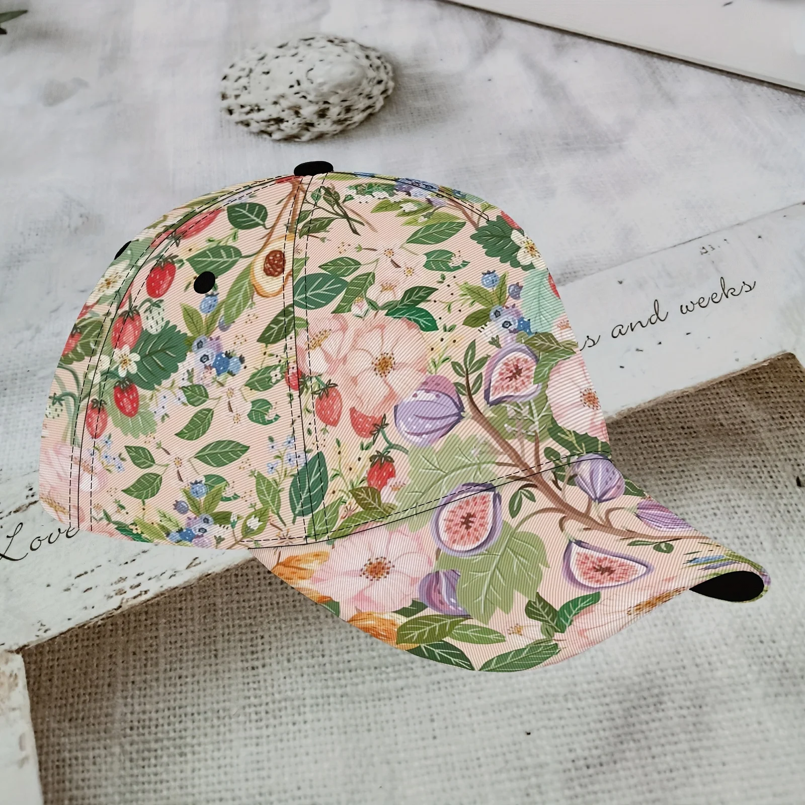 Botanical Fruit Floral Print Baseball Cap Vintage Strawberry Fig Pattern Adjustable Dad Hat Breathable Sun Hat for Garden Lovers