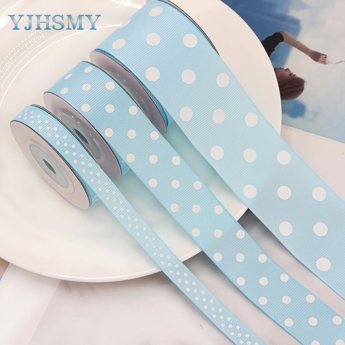 Blue Polka Dot Grosgrain Ribbon for Baby Boy Blue Ribbon for Diaper Cake Welcome Home Baby Shower Favors Gift Box Table Decor