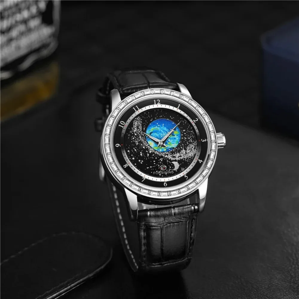 FORSINING Automatic Mechanical Watches for Men Original Diamond Rotational Starry Sky Moon Phase Leather Strap Mens Watch Reloj