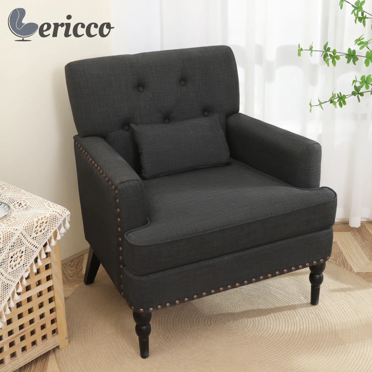 GERICCO Nordic Chairs Upholstered Club Chair Modern Lounge Sofa Chair with Pillow Button Tufted Rivet Comfy Armchair for Bedroom