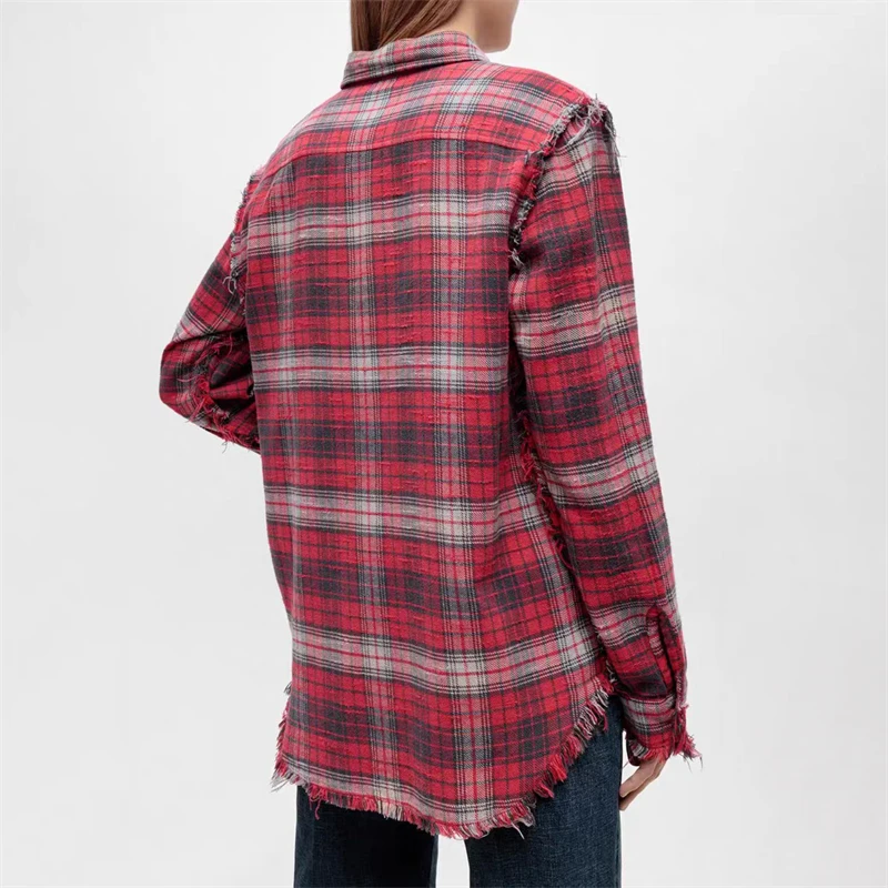 เสื้อเชิ้ตลายสก็อตคอปกสีตัดต่อสำหรับผู้หญิงคอลเลคชั่นฤดูใบไม้ผลิใหม่ เสื้อแจ็คเก็ตเชิ้ตแฟชั่นลำลองคุณภาพสูงสไตล์วินเทจแต่งพู่