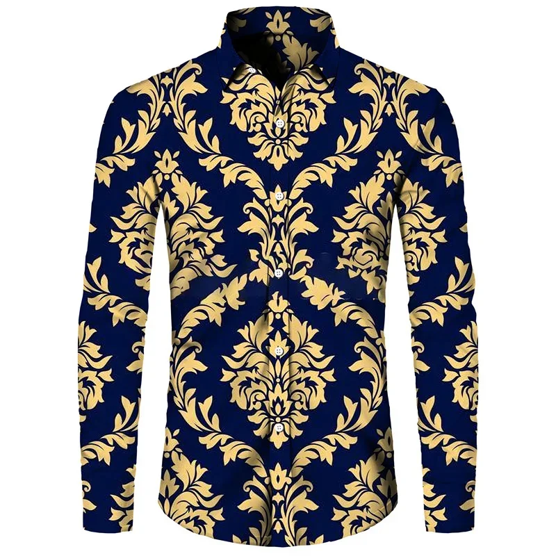 New Luxury Golden Flower Chain 3D Print Men Long Sleeve Shirt Casual Mens Designer Clothing Streetwear Lapel Button Shirts