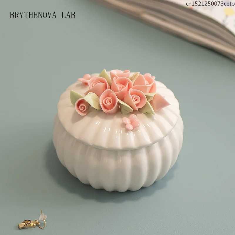 Ceramic Handmade Flower Jewelry Jars Pink Rose Storage Box Necklace Ring Earring Jewelry Box Desktop Dressing Table Decoration