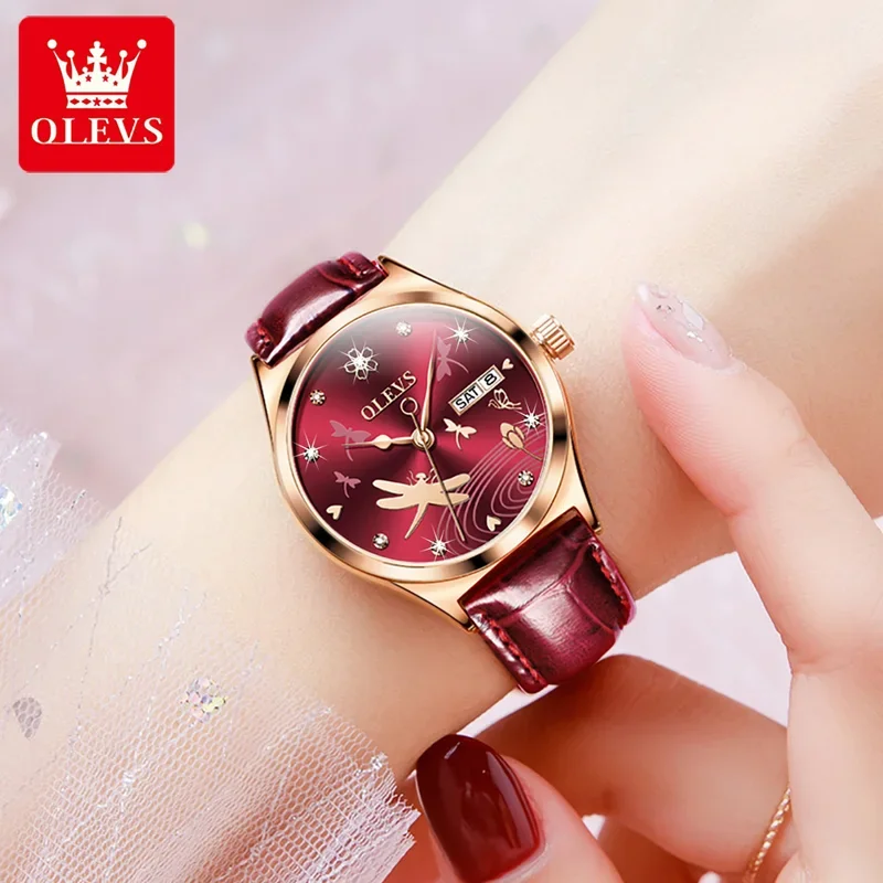 OLEVS 6611 Luxury Dragonfly Automatic Mechanical Watch Women Calendar Waterproof Ladies Watches Red Leather Strap 66