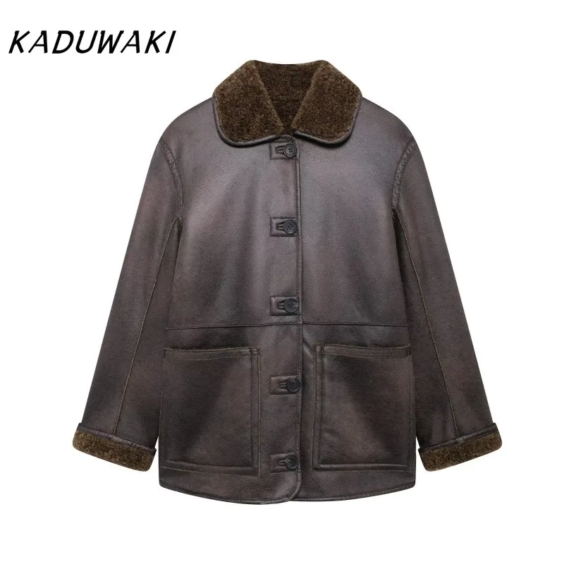 

KADUWAKI Autumn/Winter Fashion Casual Women's Clothing Loose Versatile Lapel Double-sided Jacket American Retro Coats for Women
