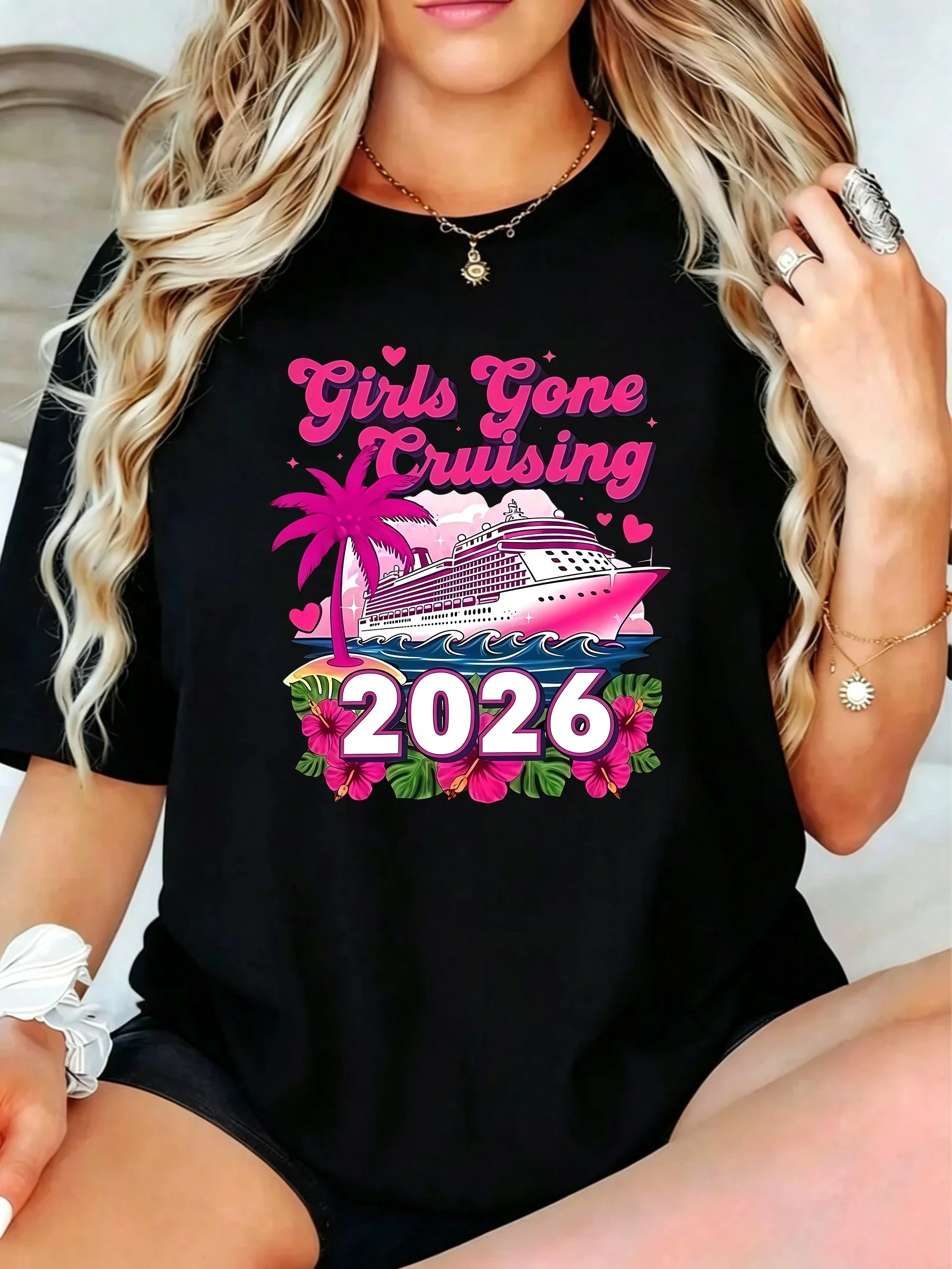 1Pcs Plus Size Women T-Shirt, Girls Gone Cruising 2026 Cruise Ship Palm Tree Hearts Flowers Shirt, Loose Type Shirt for Women