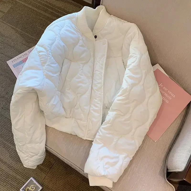 White Women Light Parkas Designed Winter Korean Slim Puffer Coat Casual O Neck Thick Cotton Padded Female Short Jacket