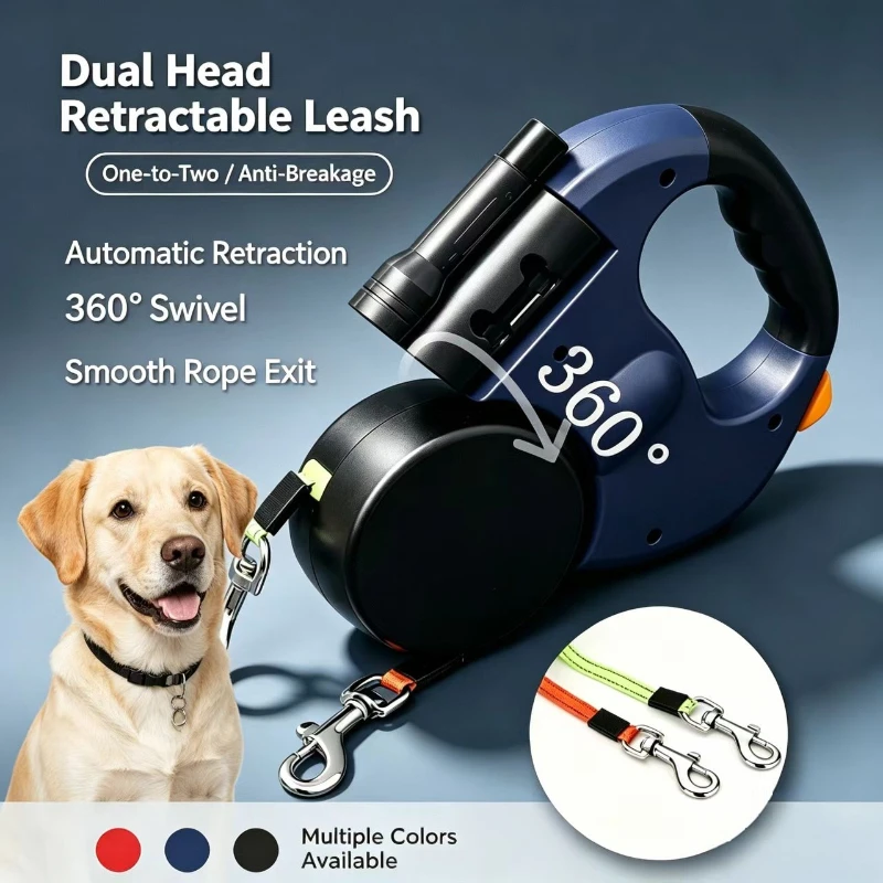 3M Auto Retractable Double Head Dog Leash with LED Flashlight Garbage Bag Box 360 Degree Rotation Dual Traction Pet Supply