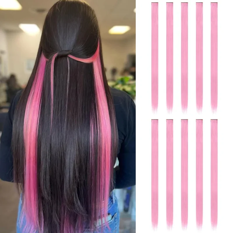 

10 Pcs Synthetic Pink hair extensions 22 Inch Straight colored hair colorful clip Highlight Party for Kids and Women Gift
