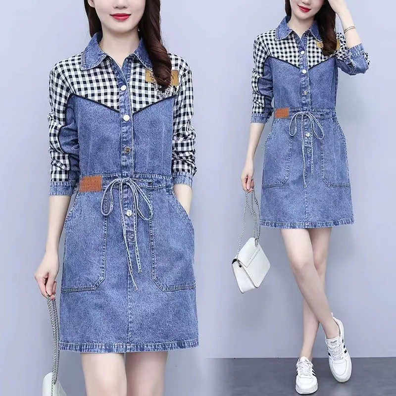 

Checkered Denim T Dress 2024 New Women Spring Autumn Mid Length Slim Fit Loose Casual Fashion Versatile Women Patchwork Top