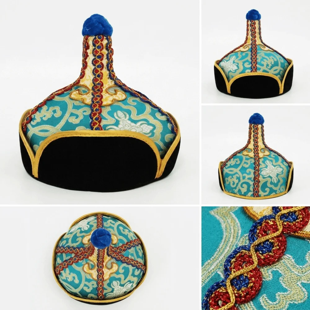 Golden and Blue Pointed Dance Hat Stable Pointed Shape Lightweight Texture Ethnic Costume Headwear Comfortable Wearing