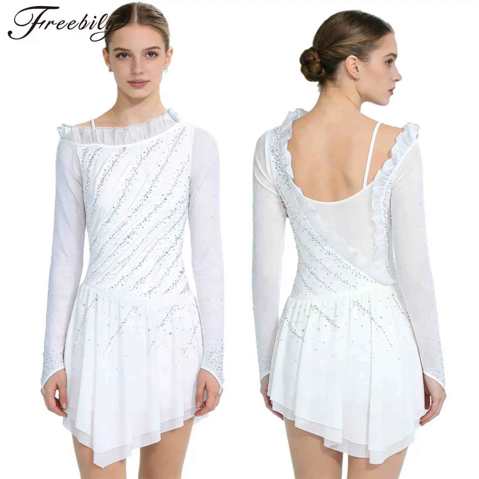 

Женское платье-трико с длинным рукавом из прозрачной сетки со стразами для фигурного катания, гимнастики, акробатики, лирического танца, балета