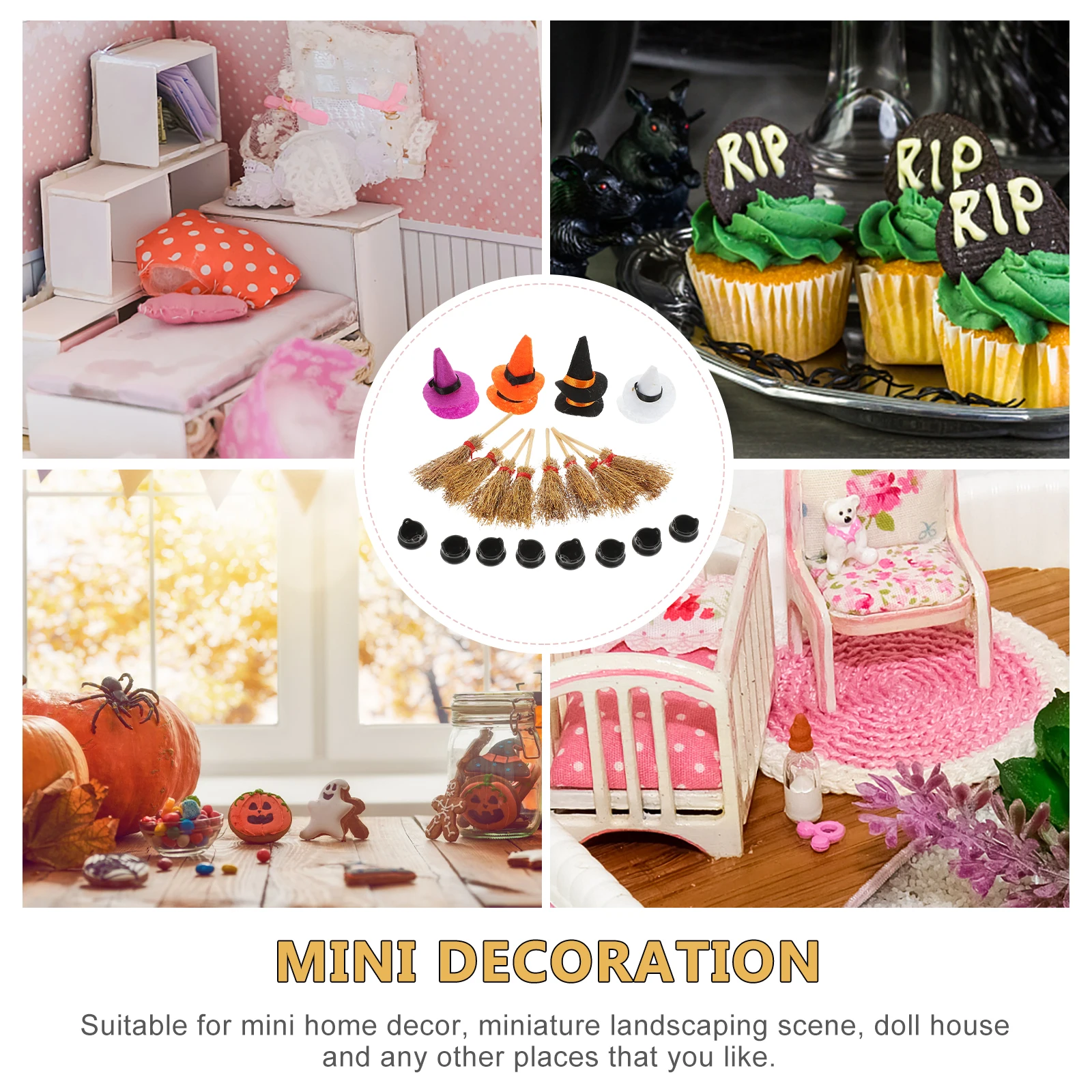 

1 set Mini Hats Brooms Bright Tiny Hats For Crafts Hat Decor For House Miniature Crafts Party Scene Ornament