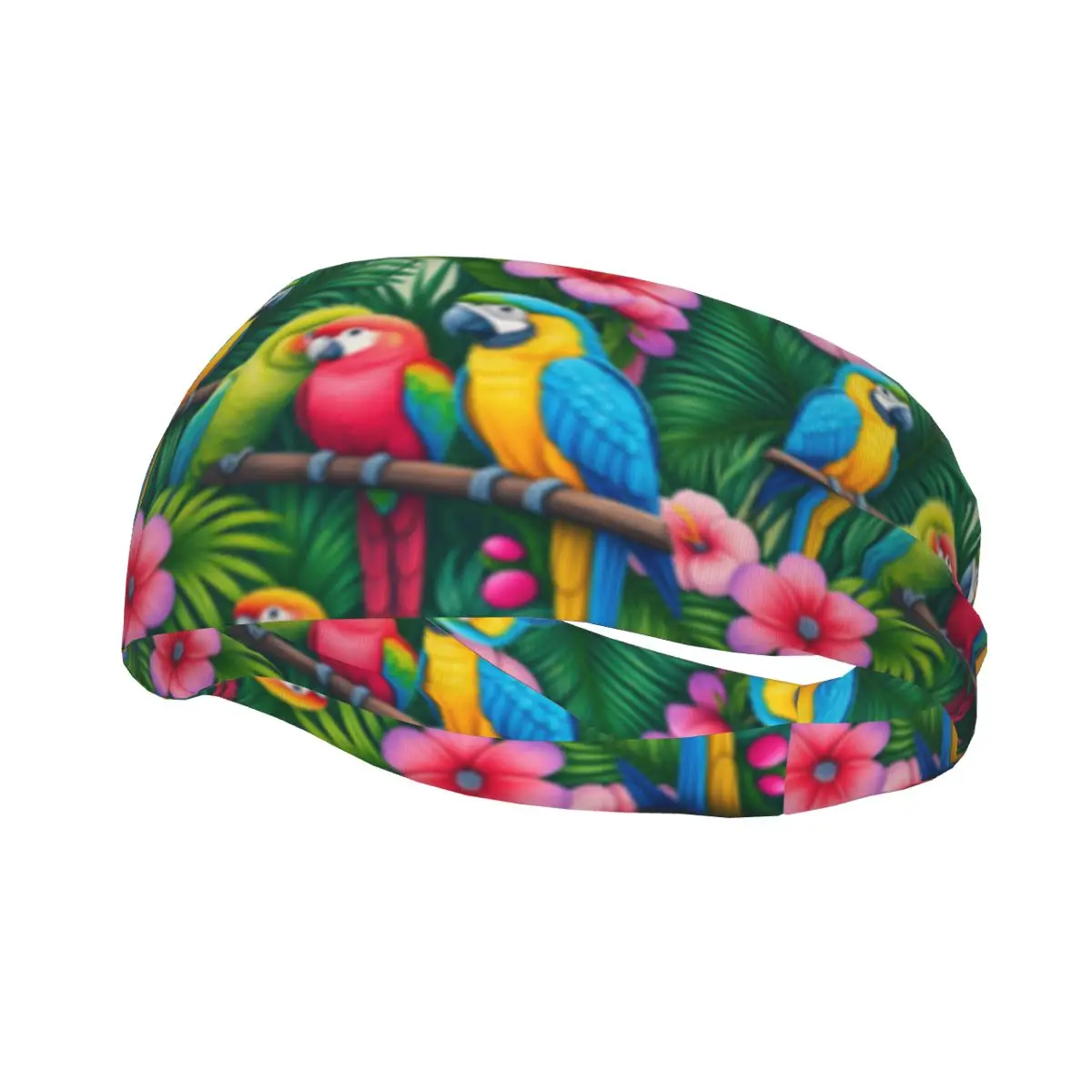 Sports Headband Portable Hair Band Tropical Leaves With Colorful Parrot Birds Hair Wrap Brace Running Exercising Sweatband