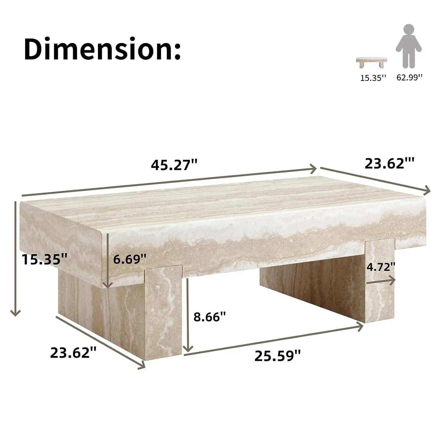 Modern Coffee Table Marble Pattern Stone Travertine Thick Legs Living Room Dining Apartment Small Space 45.3