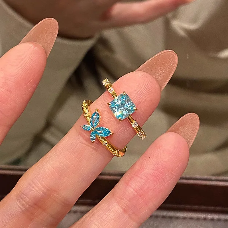 Sparkling square fashion light luxury blue gem butterfly rings for women chic dazzling ring layering style fine jewelry gift