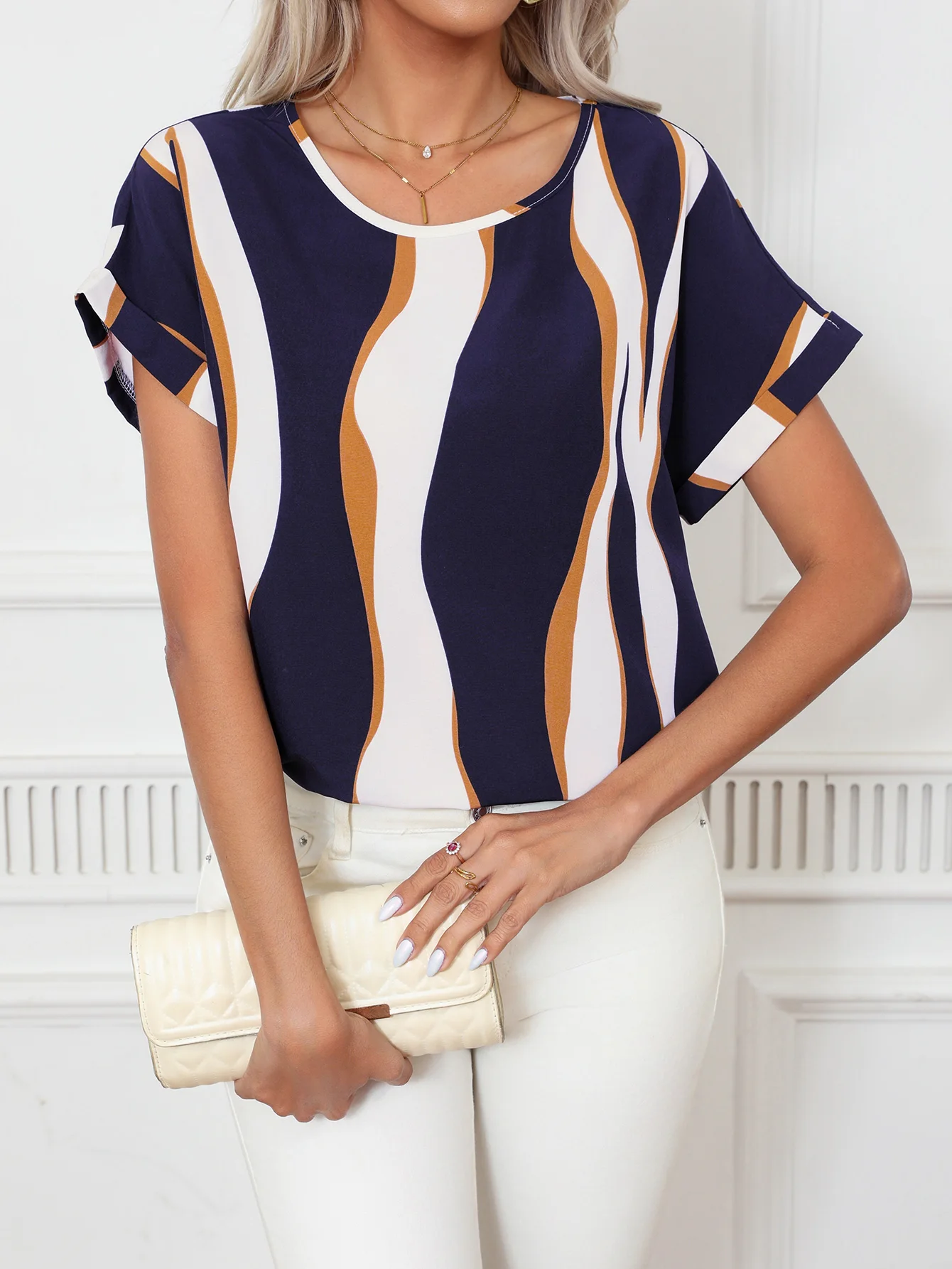 Women Casual O-neck Short Sleeve Loose Fit Stripe Blouse Shirts for Summer OL Office Lady Tops