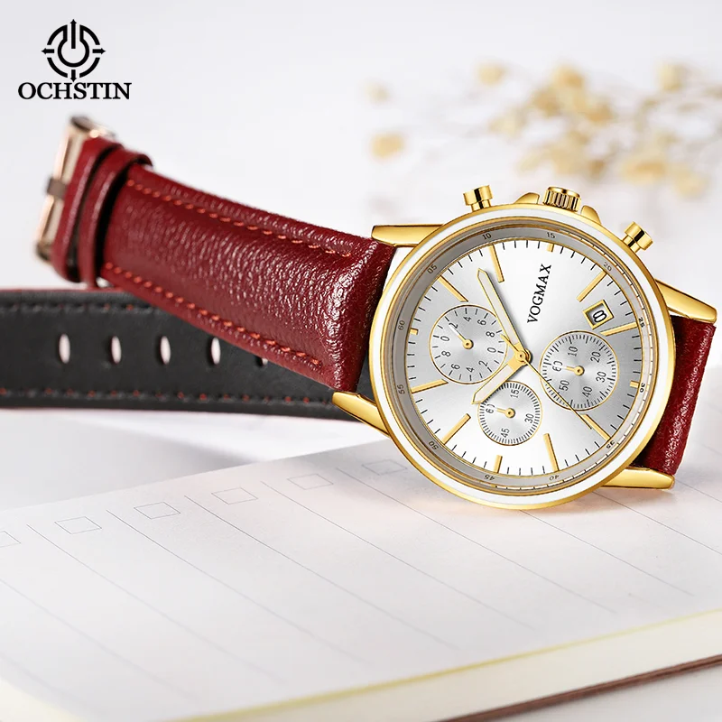 OCHSTIN Woman Pioneer Leisure Timepiece Multi-functional Quartz Movement Watches Lady Genuine Leather Strap Wristwatch Female