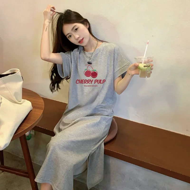 

Korean Style Women Cute Cherry CHERRY PULP Print Oversized Split Long Tee Dress Loose Casual Short Sleeve Maxi Basic Dress