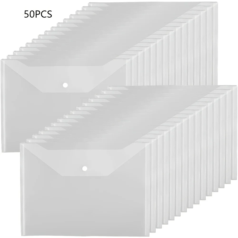 

50pcs Clear Plastic A4 File Folders | Durable Snap Closure for Documents Workbooks & Office Supplies