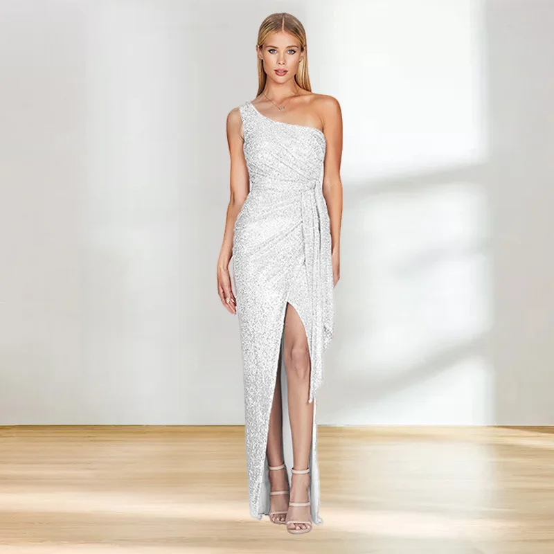 Women's Summary Slanted Shoulder Sequin. Clothes Sleeveless Split Backless Clothes For Women. Wedding Dress Y2k、 Robe Outfits