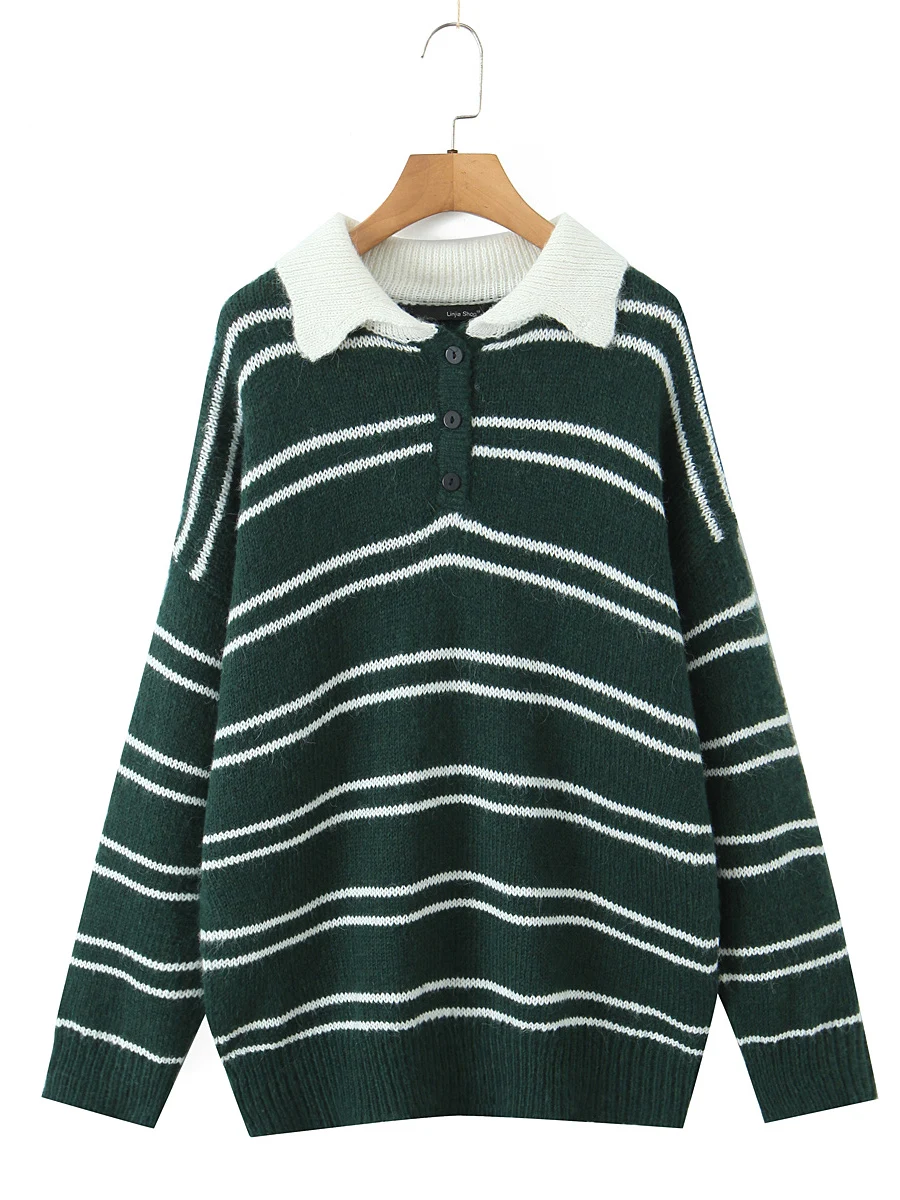 Retro American College Sle Color Blo Striped Knitwear  Collar Loose Fit Overhead Slimming Sweater Trendy Women's Faion